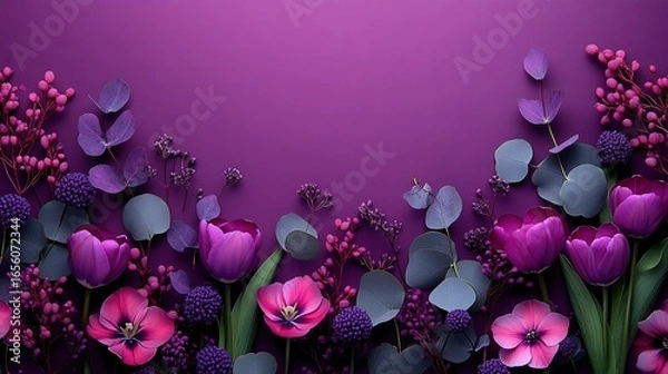 Obraz Natural plant theme purple background with tulips and eucalyptus flat lay on right, copy space minimalist style high resolution.