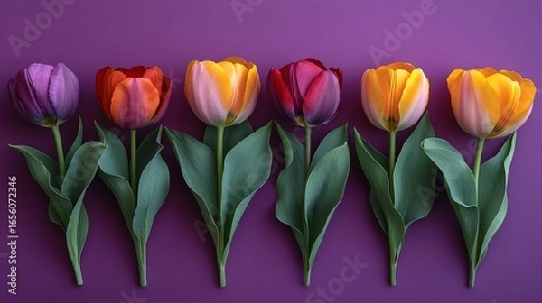 Obraz High resolution sharp focus purple background with flat lay tulips eucalyptus on right, copy space minimalist design, professional element.