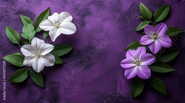 Obraz Social media ad background with minimalist purple floral flat lay on right, copy space high resolution sharp, text overlay ready.