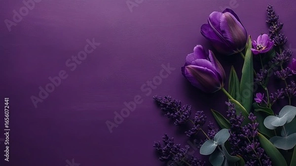 Obraz Right side flat lay tulips and eucalyptus purple background, copy space concept minimalist aesthetic, high resolution design.