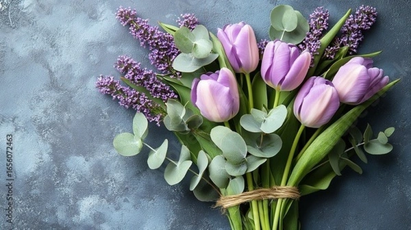 Obraz Web design purple background with flat lay flowers tulips eucalyptus on right, copy space minimalist style, sharp focus high resolution.