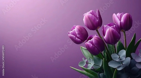 Obraz Purple color floral flat lay design with tulips and eucalyptus on right side, minimalist copy space background, high resolution.