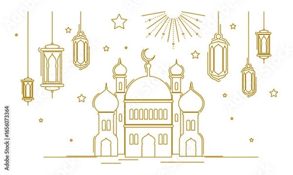 Fototapeta Muslim mosque, hanging lanterns. Crescent and stars. Lanterns hanging islamic decorations greeting card or poster design decoration. Vector horizontal banner, design in line art style