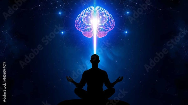 Fototapeta Silhouette in lotus position meditating under a glowing brain with a beam of light, symbolizing spiritual awakening, enlightenment, and the connection between mind and cosmos