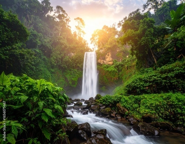 Fototapeta A large waterfall in the middle of jungle background creative movement style figure design scene layers colorful emotion frame backgrounds depth composition motion expression illustration