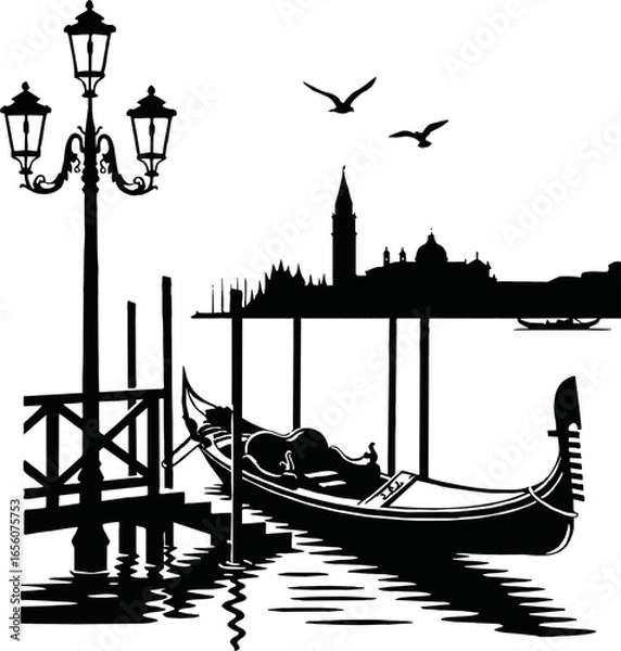 Obraz Silhouette of a Venetian gondola docked at a pier with a cityscape and street lamp.