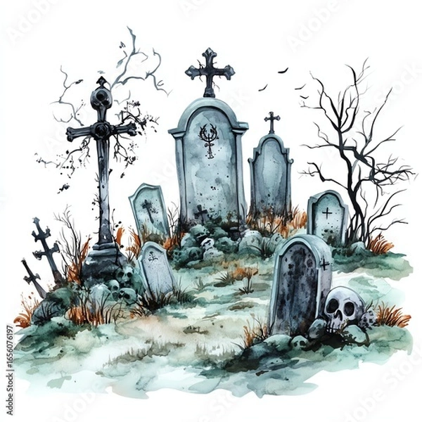 Obraz Watercolor haunted graveyard isolate white background