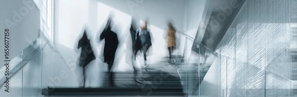 Fototapeta Abstract blurred motion of business people walking on a glass staircase in a modern office building, concept for human resources or a digital work environment.