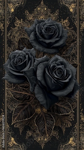 Fototapeta A vivid black rose against a deep black and gold figure, accented with elegant gold floral designs that add a touch of romance and sophistication. luxury feeling black roses with golden touch