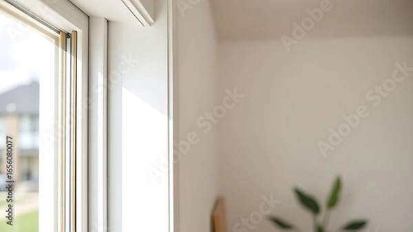 Obraz Modern white window frame with clean lines and soft daylight, showcasing minimalist interior design.