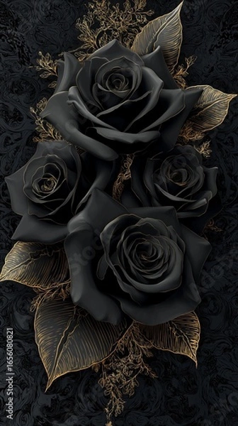 Fototapeta A vivid black rose against a deep black and gold figure, accented with elegant gold floral designs that add a touch of romance and sophistication. luxury feeling black roses with golden touch