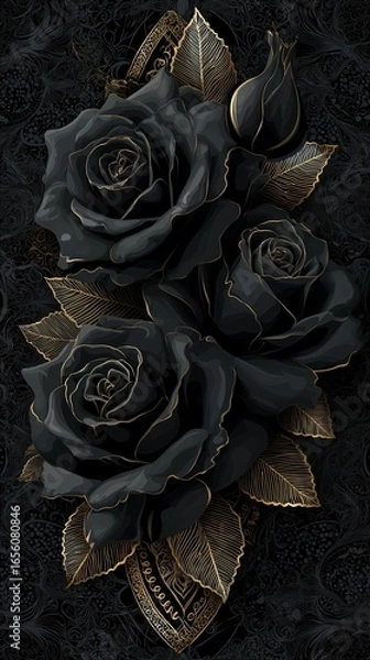 Fototapeta A vivid black rose against a deep black and gold figure, accented with elegant gold floral designs that add a touch of romance and sophistication. luxury feeling black roses with golden touch