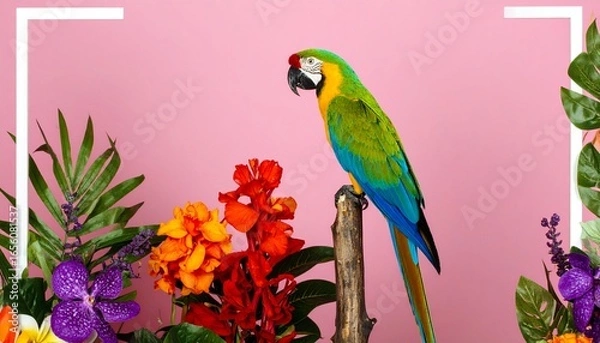 Fototapeta A parrot sitting on top of wooden post surrounded by flowers background cartoonish scene creative frame elements design depth layers composition figure emotion expression gesture movement