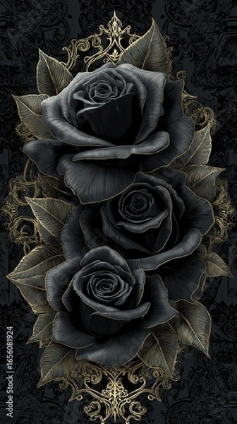 Fototapeta A vivid black rose against a deep black and gold figure, accented with elegant gold floral designs that add a touch of romance and sophistication. luxury feeling black roses with golden touch