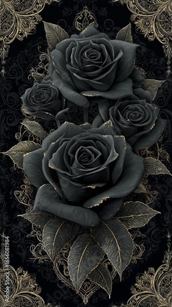 Fototapeta A vivid black rose against a deep black and gold figure, accented with elegant gold floral designs that add a touch of romance and sophistication. luxury feeling black roses with golden touch