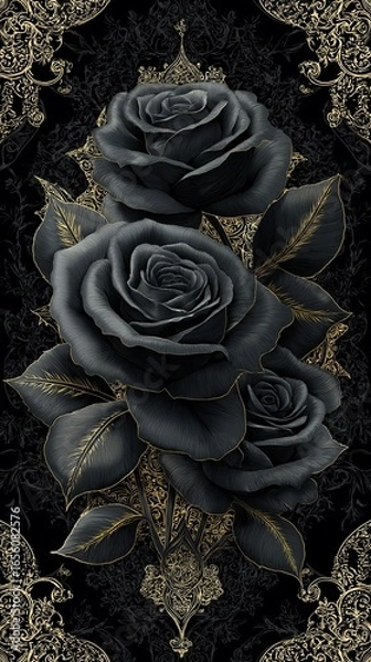 Fototapeta A vivid black rose against a deep black and gold figure, accented with elegant gold floral designs that add a touch of romance and sophistication. luxury feeling black roses with golden touch