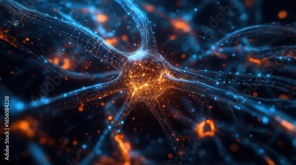Fototapeta Machine intelligence visualized as glowing neuron illustration.