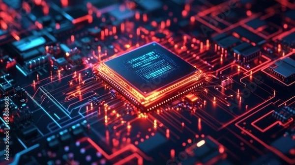Fototapeta Quantum AI Chip Embedded in Futuristic Motherboard Image