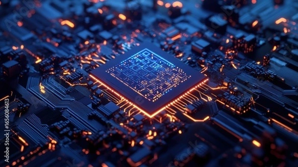 Fototapeta Neural AI Processor Chip Glowing with Futuristic Energy