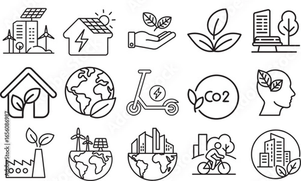 Fototapeta Green city web icon set in thin line style, renewable energy, eco building, zero waste, air and water quality, environmental icons
