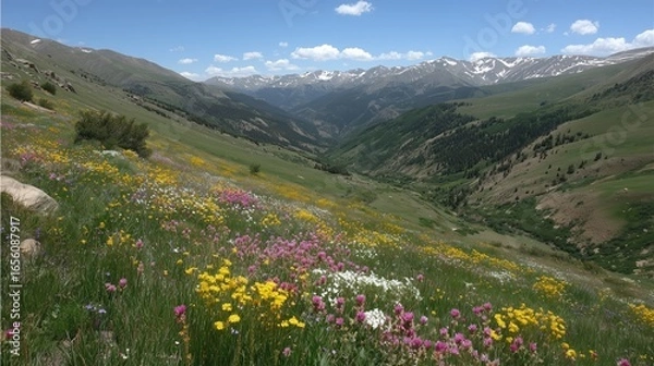 Fototapeta Alpine Meadow with Colorful Wildflowers, Snow-Covered Peaks in the Background, Clear Blue Summer Sky, Serene Mountain Landscape
