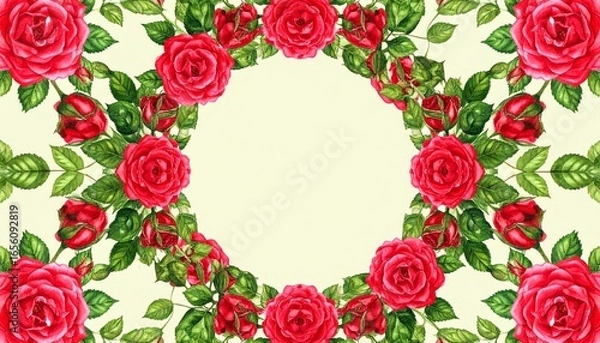 Fototapeta Red roses and green leaves on a white background motion composition emotion movement layers style cartoonish backgrounds design creative figure scene frame gesture depth colorful elements