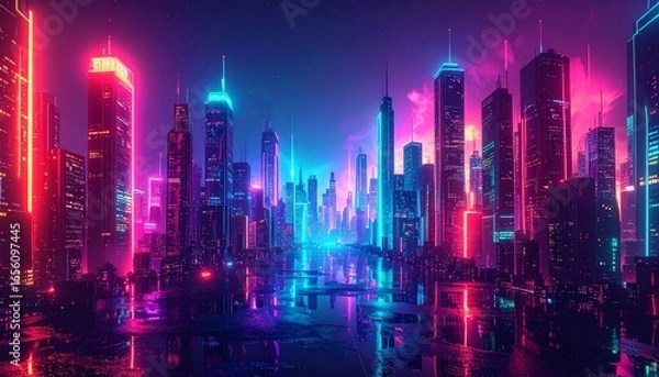 Fototapeta A futuristic city with neon lights background scene elements creative illustration emotion frame movement cartoonish motion colorful backgrounds design style gesture expression layers