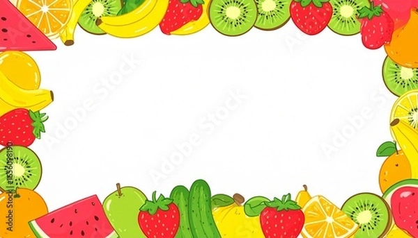 Fototapeta A square frame made up of various fruits background illustration motion movement elements gesture creative cartoonish style depth layers emotion figure scene composition colorful expression