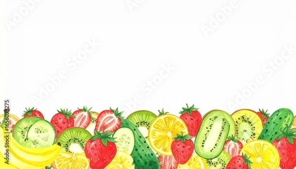 Fototapeta A watercolor drawing of fruit and vegetables background layers backgrounds figure expression movement style emotion cartoonish creative frame illustration depth motion composition elements