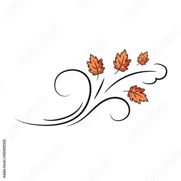 Fototapeta Autumn leaf wind doodle line sketch illustration. Hand drawn doodle design element.