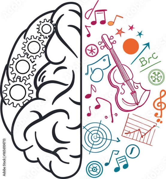 Fototapeta Vector hand-drawn illustration of a pencil and an electric guitar drawing a musical floral doodle pattern with gears and clocks