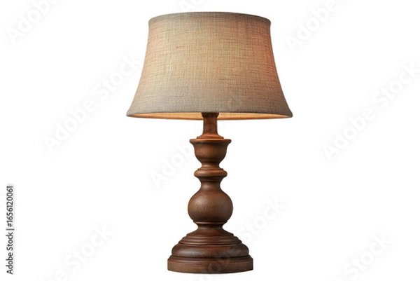 Fototapeta Vintage wooden table lamp with textured lampshade isolated on transparent background. Elegant vintage table lamp with Shade isolated on white background.