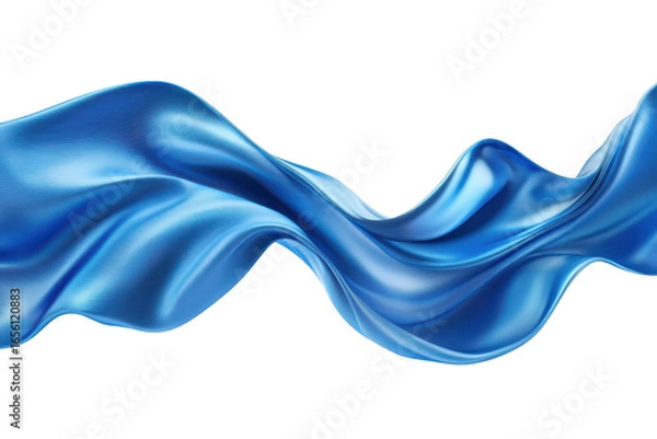 Fototapeta Flowing blue silk fabric wave isolated on transparent background. Flowing blue satin fabric with smooth texture featuring elegant folds and a glossy vibrant sheen isolated on white background.