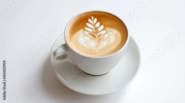 Fototapeta "Aesthetically Pleasing Latte Art in a White Cup on a White Background"