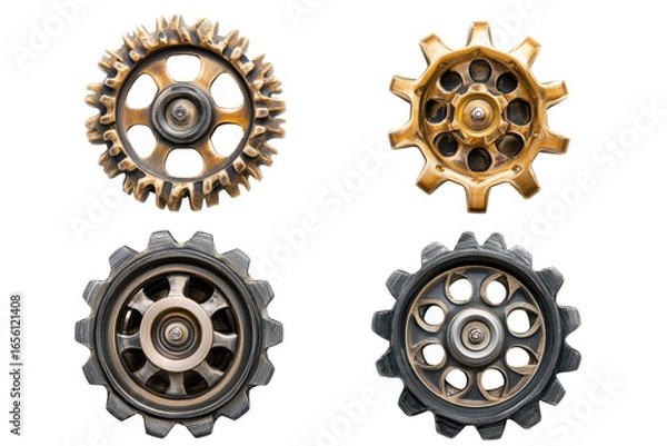 Fototapeta Four steampunk gears isolated on transparent background. Four metallic gears shown from different angles highlighting their intricate design isolated on white background.