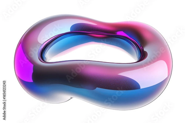Fototapeta Abstract iridescent fluid torus shape isolated on transparent background. Glossy infinity shape featuring in blue pink and purple isolated on white background, 3d rendering.