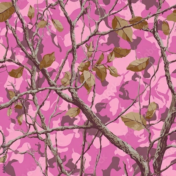 Obraz Pink camouflage pattern with branches and leaves