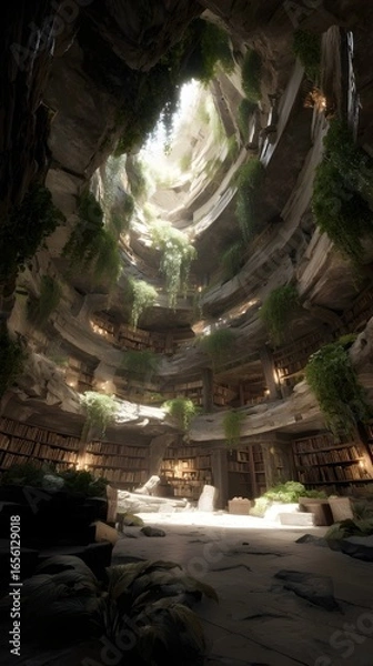 Fototapeta Grandiose circular stone library hidden within a sunlit cavern, with ancient shelves and overgrown vines cascading down.