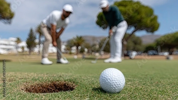 Fototapeta Golfer concentrates as he lines up a putt on the green, while another player watches from the background on a bright, sunny day.