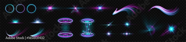 Fototapeta Blue wave effect neon line light motion speed abstract futuristic background bright design vector illustration modern curve glow