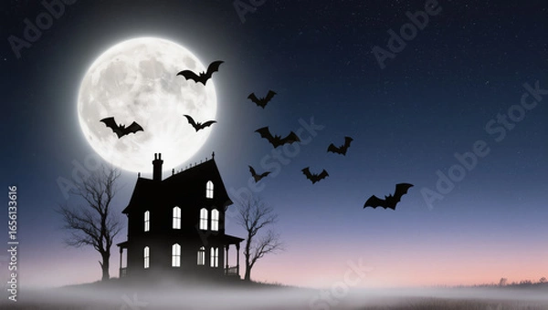 Fototapeta Silhouetted haunted house with full moon and flying bats in a misty night sky creates spooky Halloween atmosphere.