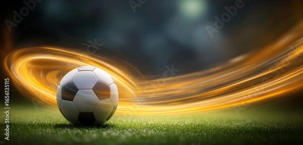 Obraz Soccer ball with golden light trail on green grass stadium field symbolizing fast motion energy competition and dynamic sports action