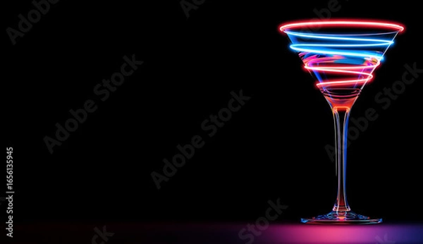 Fototapeta Creative neon light swirl in elegant cocktail glass on black background representing nightlife celebration and modern party concept, copy space