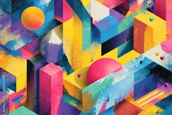 Fototapeta Colorful 3D geometric shapes creating a bold abstract composition of cubes, cylinders and prisms; dynamic digital artwork in a vibrant Memphis style design