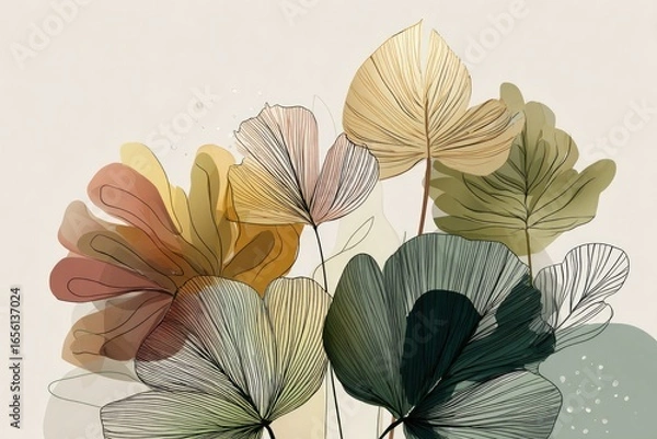 Fototapeta Elegant layered botanical leaves composition with overlapping translucent foliage in warm autumn colors, minimalist organic design, abstract art print illustration