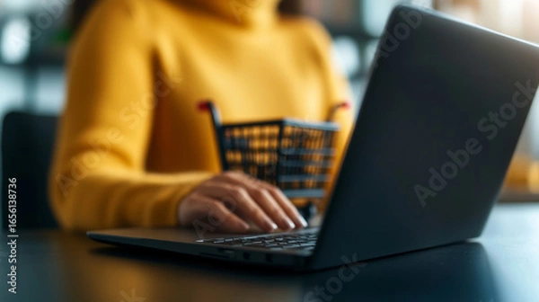 Fototapeta person in a yellow sweater shops online a cozy desk, browsing various deals and filling digital carts on Black Friday