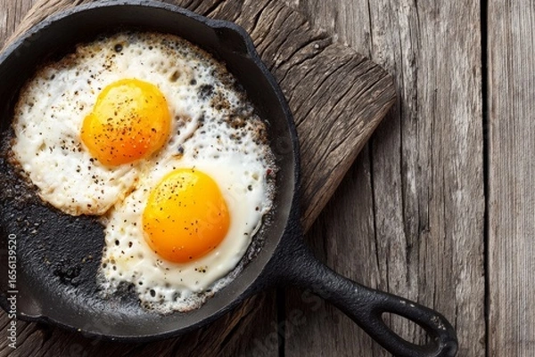 Fototapeta Two fried eggs with yolks in cast iron skillet on wooden table. Rustic food photography. Breakfast and cooking concept. Design for poster, banner, greeting card, postcard, print.