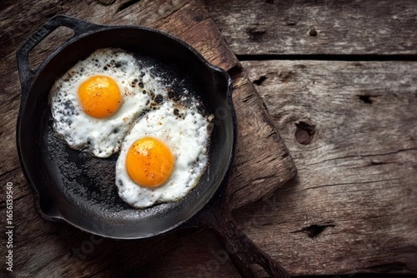 Fototapeta Two fried eggs with yolks in cast iron skillet on wooden table. Rustic food photography. Breakfast and cooking concept. Design for poster, banner, greeting card, postcard, print.