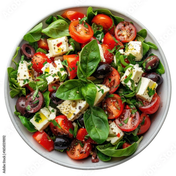 Fototapeta Flat lay Greek salad with feta and olives, white and transparent background