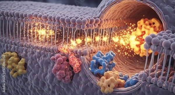 Fototapeta A microscopic depiction of cellular biology showing an ion channel protein facilitating molecular transport across the phospholipid membrane